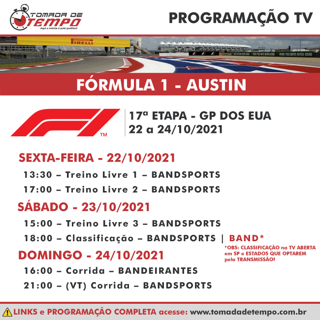 Confira os horários dos treinos e da corrida do GP dos EUA, em