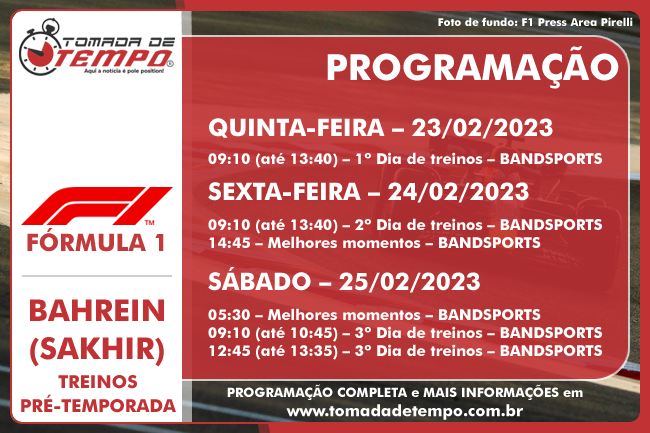 FÓRMULA 1 – Programação, Horários e Transmissão – Testes Pré-temporada (Bahrein) – 2023