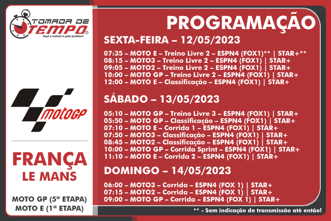 MOTO GP – Programação, Horários e Transmissão – GP da França (Le Mans) –  2023 - Tomada de Tempo